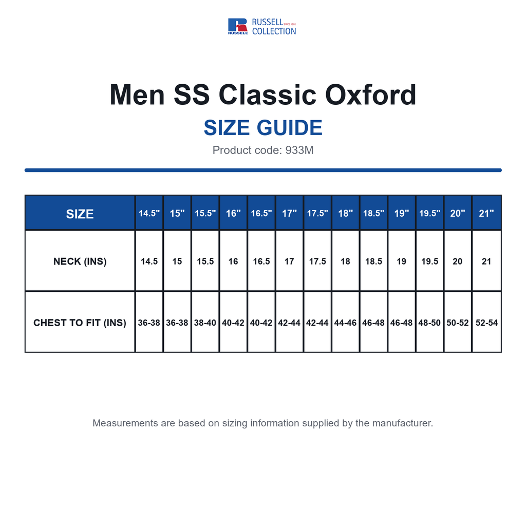 933M Russell Collection Men SS Classic Oxford size guide (933M)