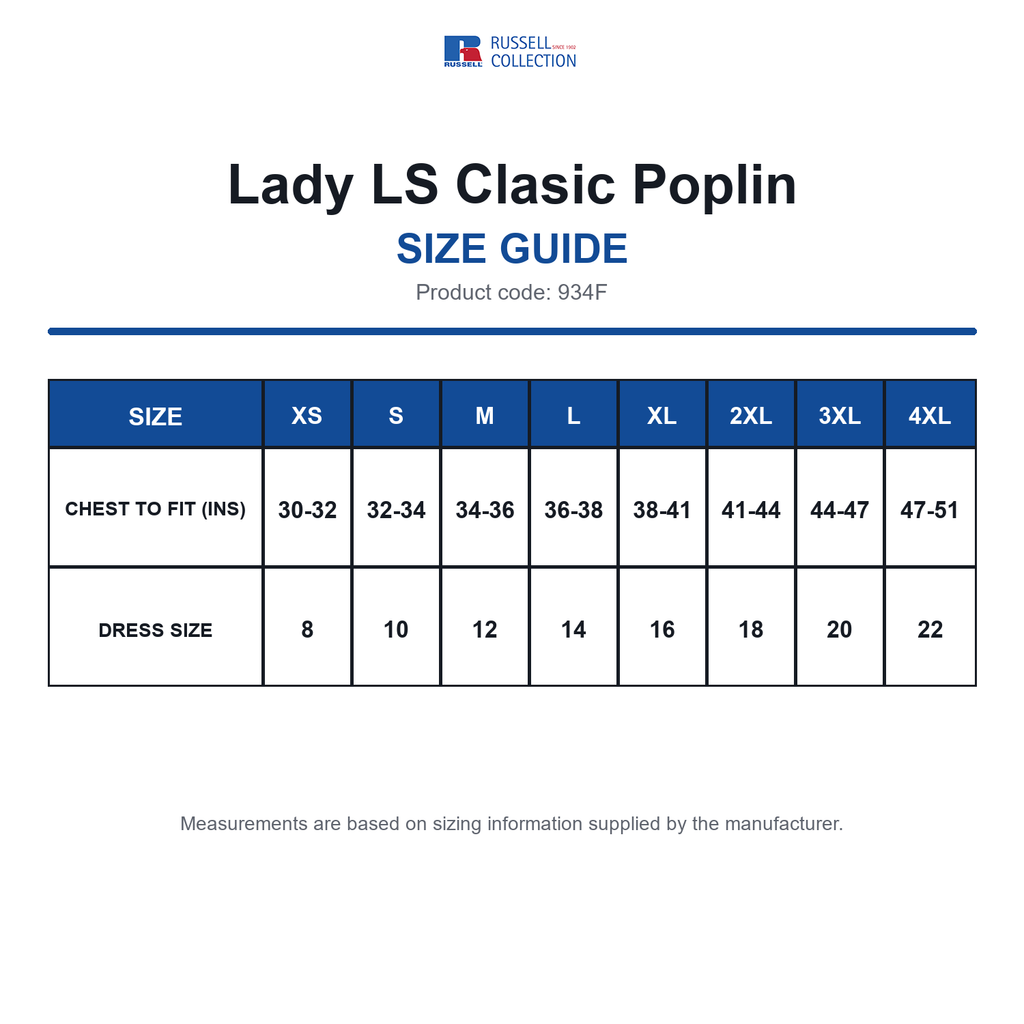 934F Russell Collection Lady LS Clasic Poplin size guide (934F)