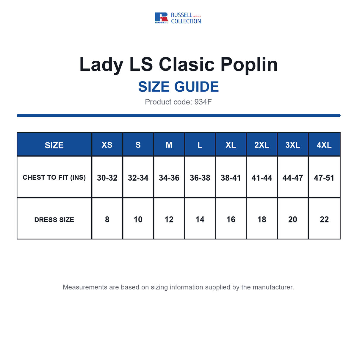 934F Russell Collection Lady LS Clasic Poplin size guide (934F)
