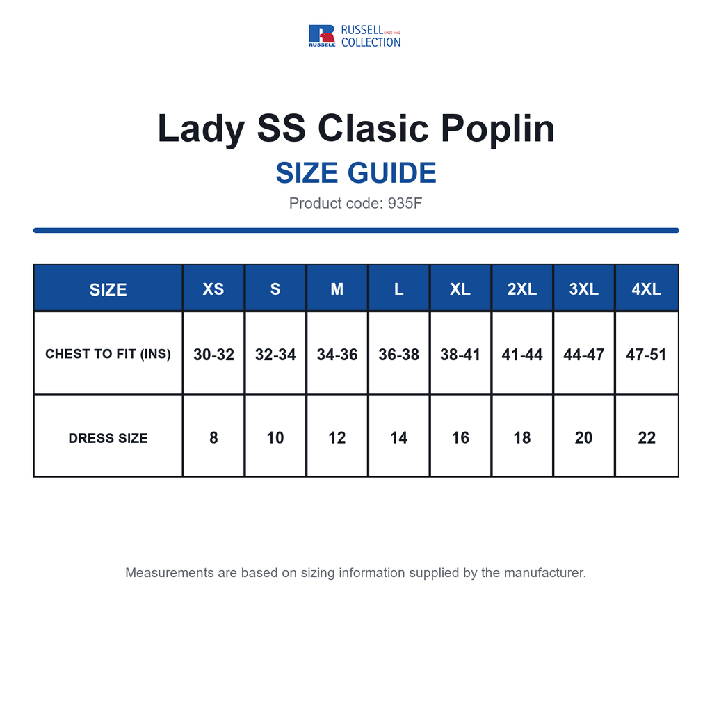 935F Russell Collection Lady SS Clasic Poplin size guide (935F)