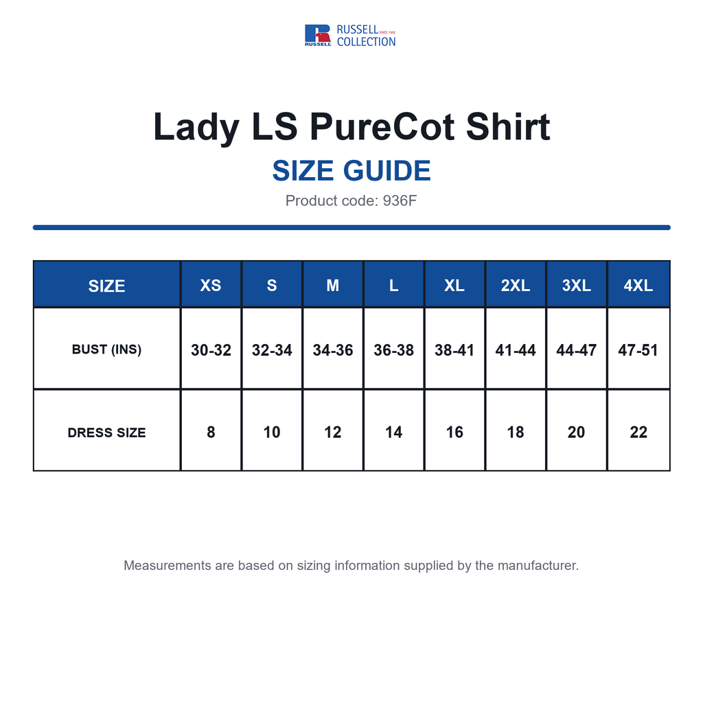 936F Russell Collection Lady LS PureCot Shirt size guide (936F)