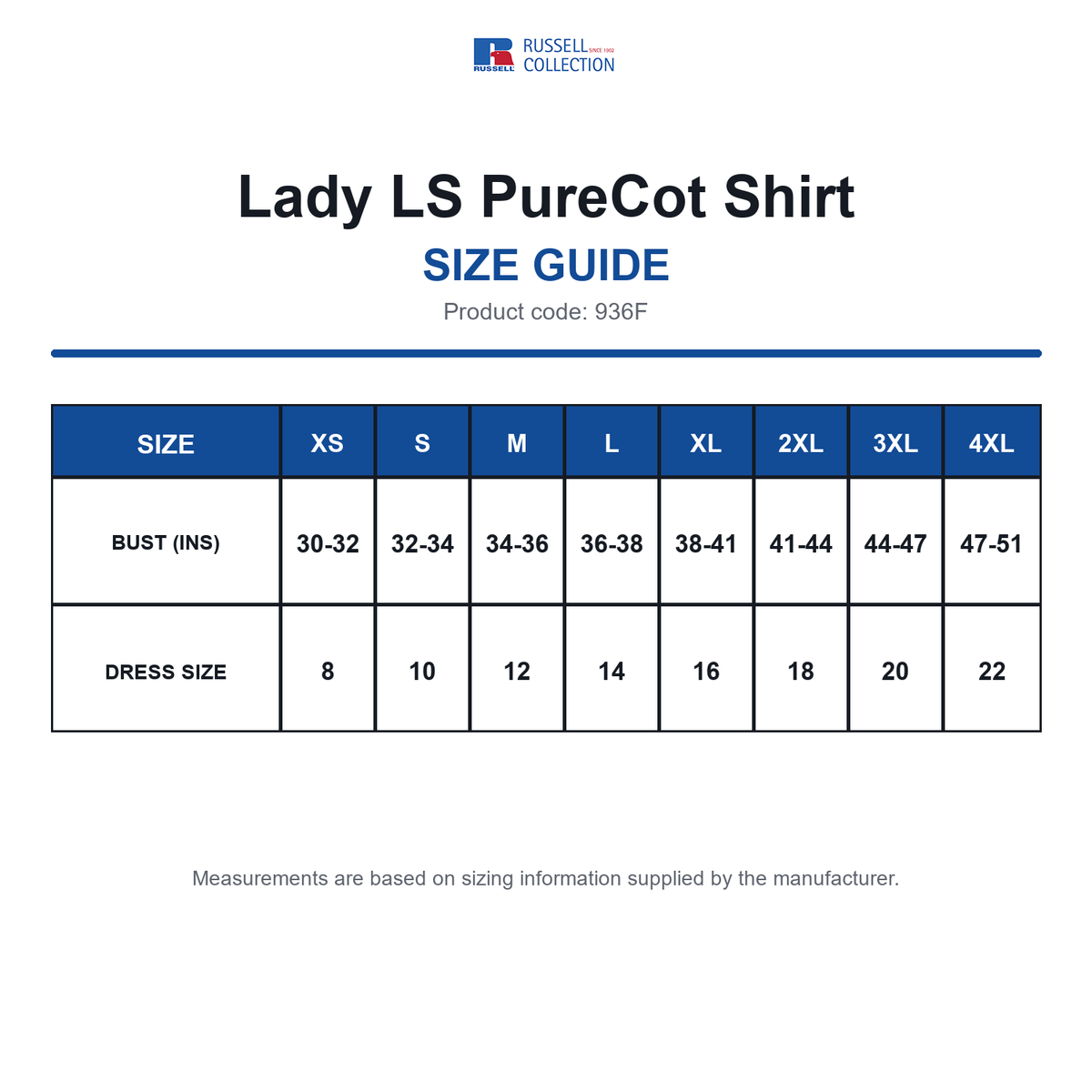 936F Russell Collection Lady LS PureCot Shirt size guide (936F)
