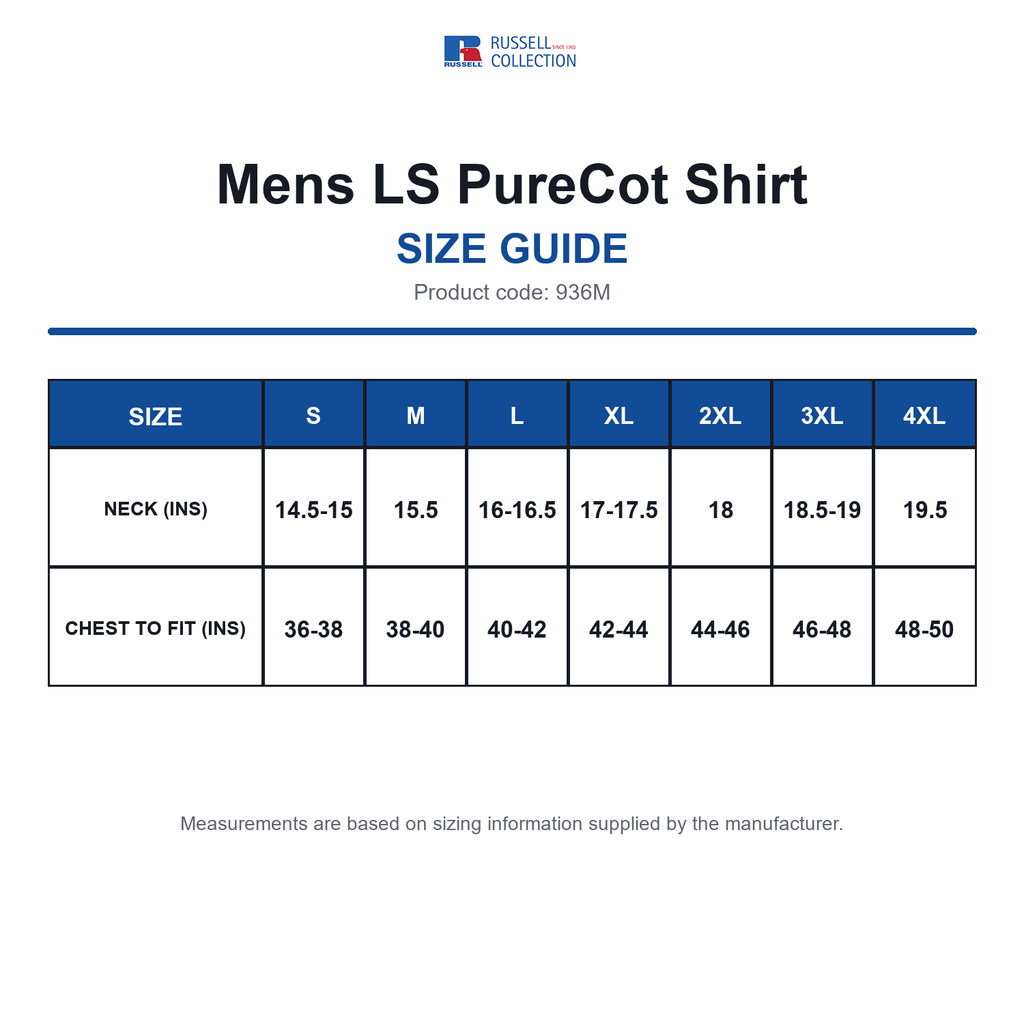 936M Russell Collection Mens LS PureCot Shirt size guide (936M)