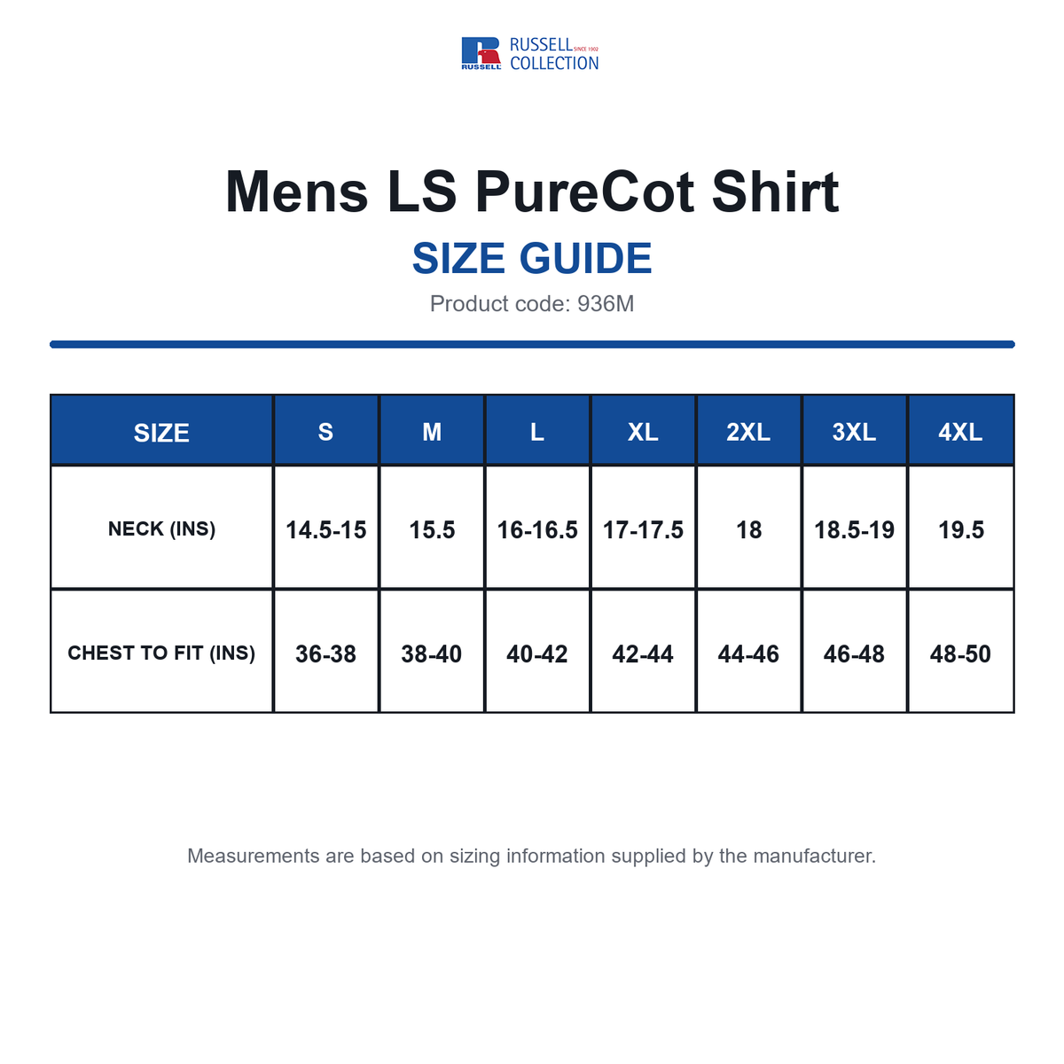 936M Russell Collection Mens LS PureCot Shirt size guide (936M)