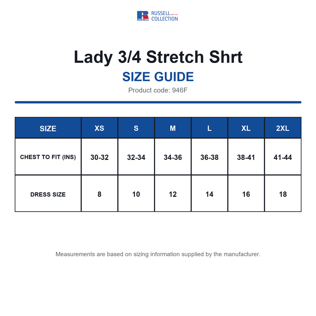 946F Russell Collection Lady 3/4 Stretch Shrt size guide (946F)