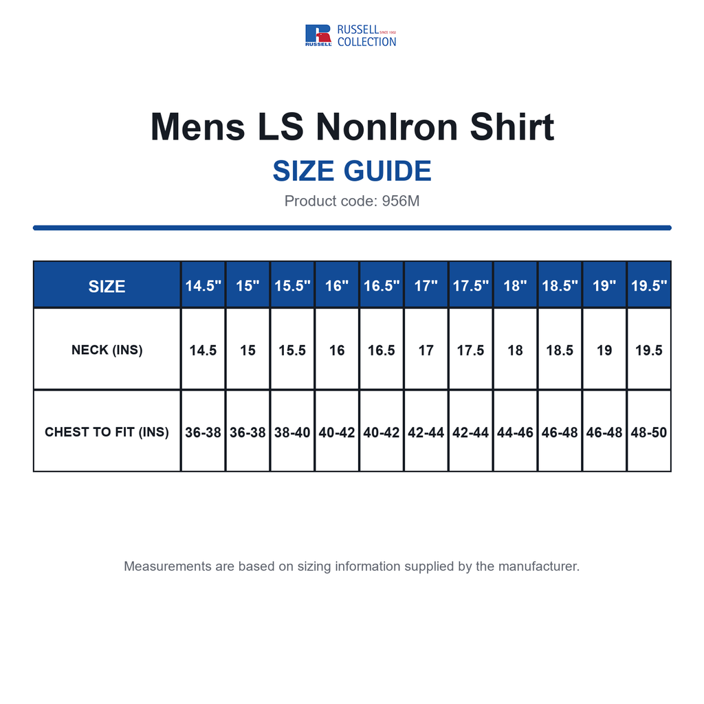 956M Russell Collection Mens LS NonIron Shirt size guide (956M)