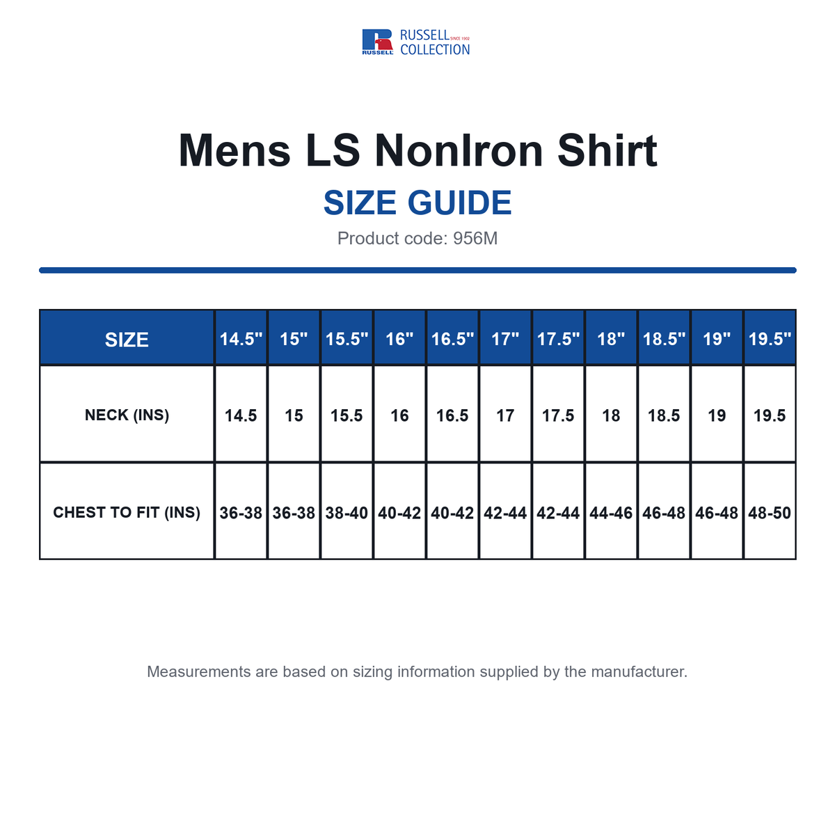 956M Russell Collection Mens LS NonIron Shirt size guide (956M)