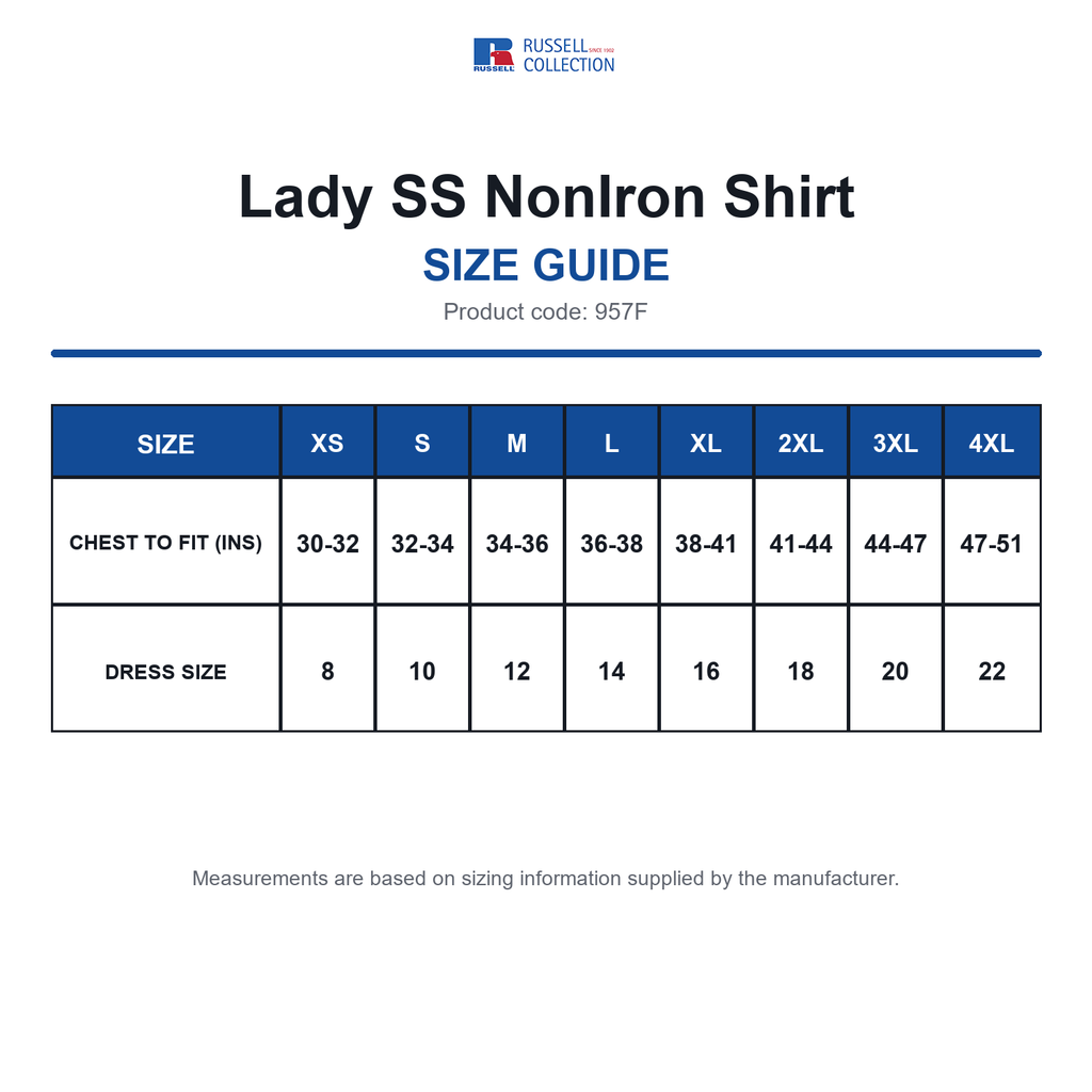 957F Russell Collection Lady SS NonIron Shirt size guide (957F)