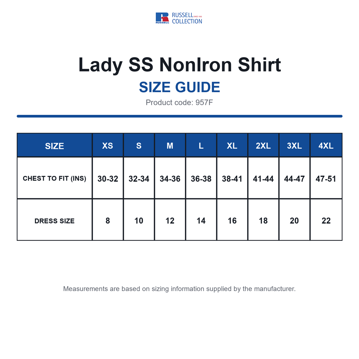 957F Russell Collection Lady SS NonIron Shirt size guide (957F)