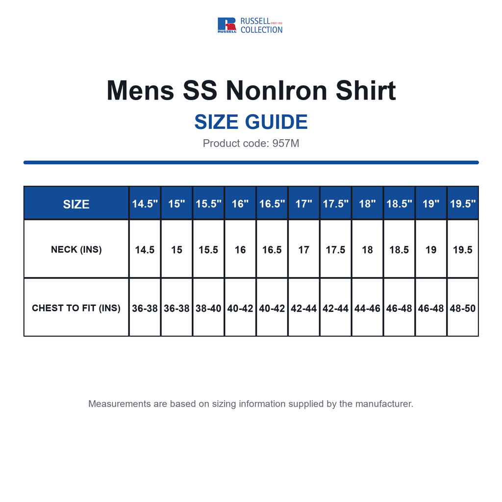 957M Russell Collection Mens SS NonIron Shirt size guide (957M)