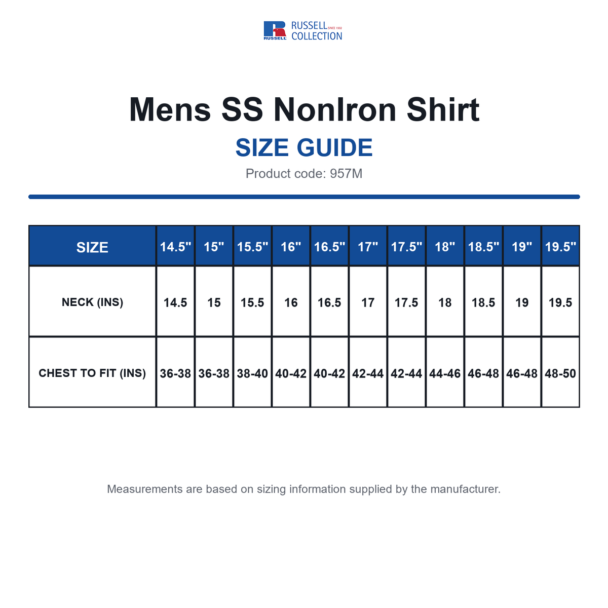 957M Russell Collection Mens SS NonIron Shirt size guide (957M)