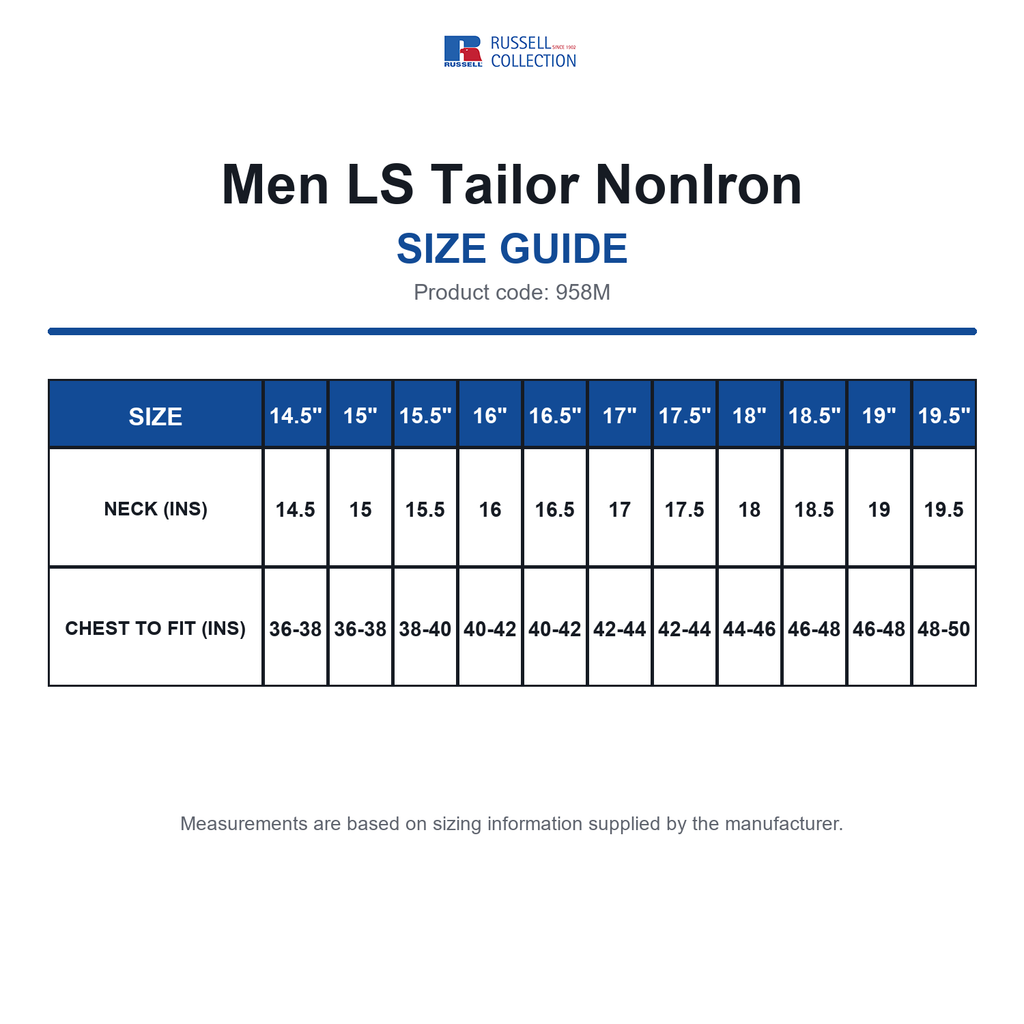 958M Russell Collection Men LS Tailor NonIron size guide (958M)