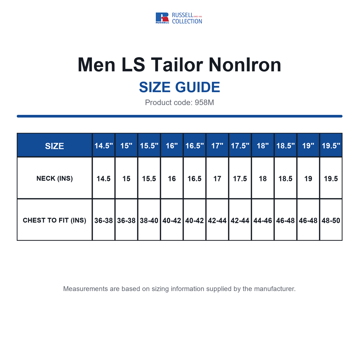 958M Russell Collection Men LS Tailor NonIron size guide (958M)