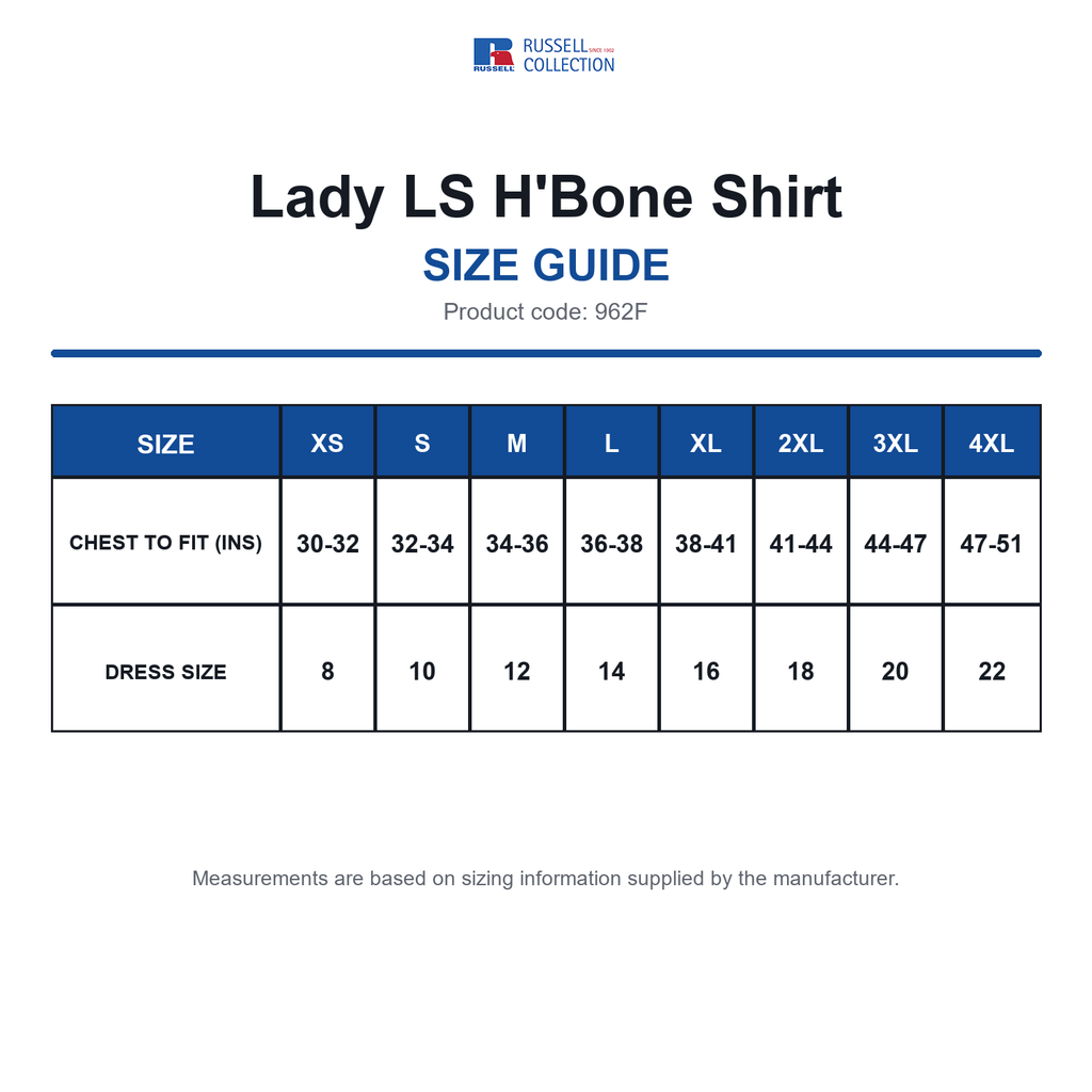 962F Russell Collection Lady LS H'Bone Shirt size guide (962F)