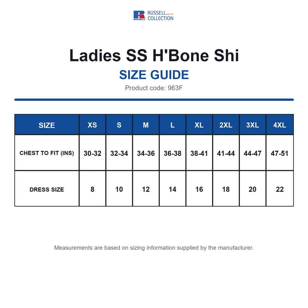 963F Russell Collection Ladies SS H'Bone Shi size guide (963F)
