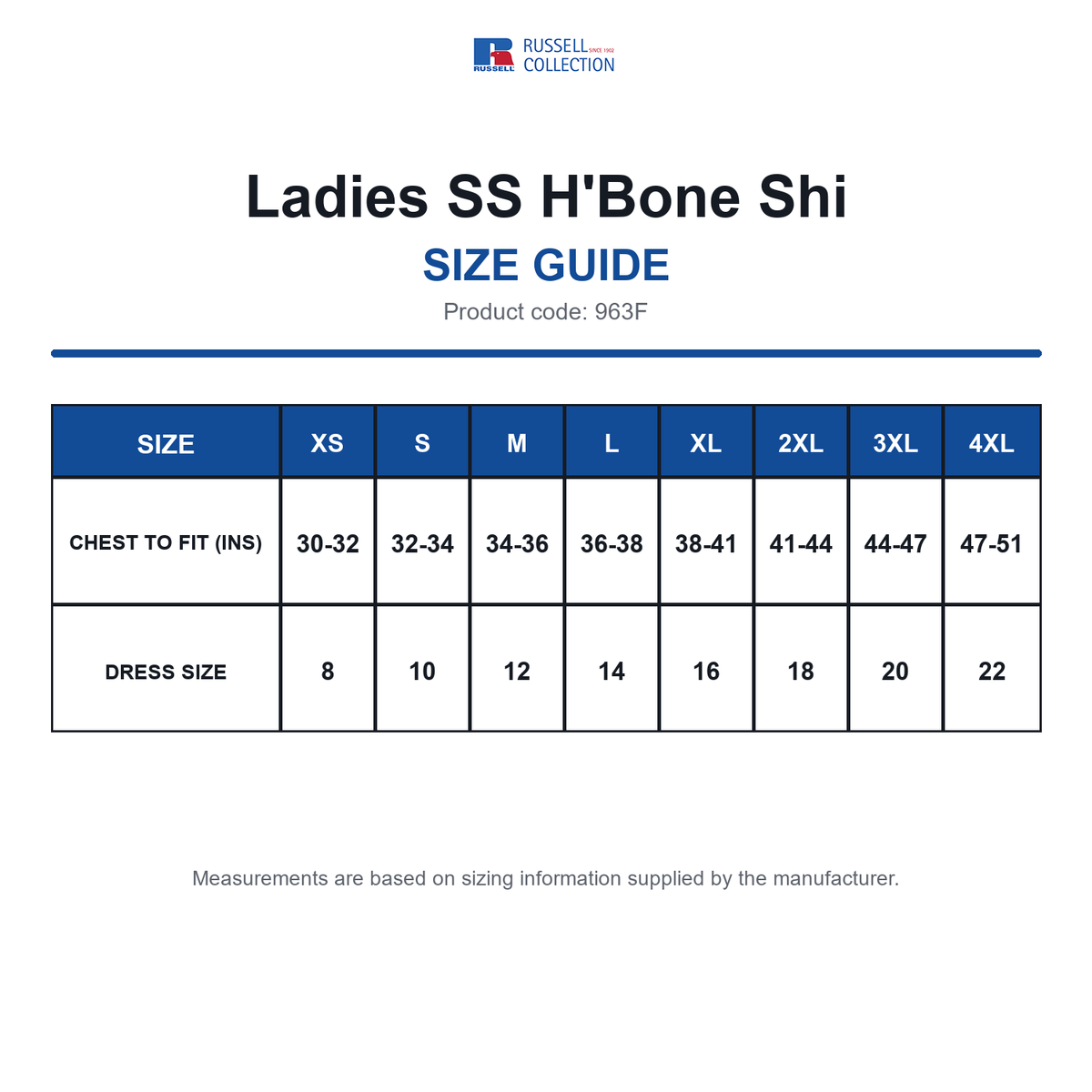 963F Russell Collection Ladies SS H'Bone Shi size guide (963F)