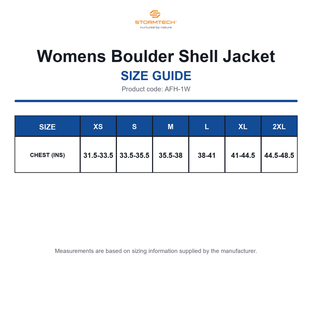 AFH-1W Stormtech Womens Boulder Shell Jacket size guide (AFH-1W)