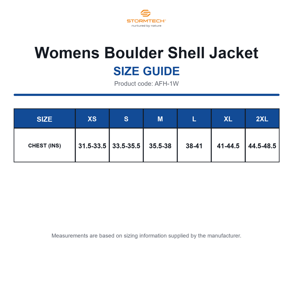 AFH-1W Stormtech Womens Boulder Shell Jacket size guide (AFH-1W)