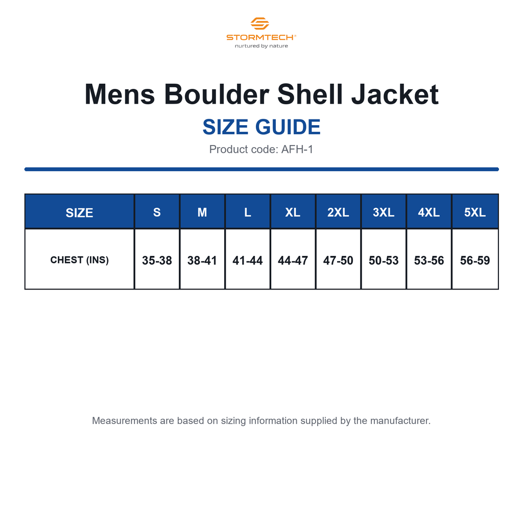 AFH-1 Stormtech Mens Boulder Shell Jacket size guide (AFH-1)