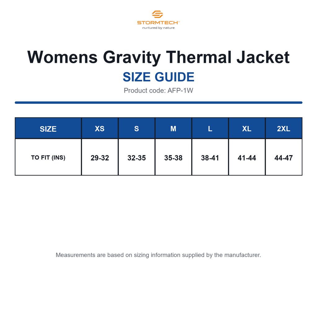 AFP-1W Stormtech Womens Gravity Thermal Jacket size guide (AFP-1W)