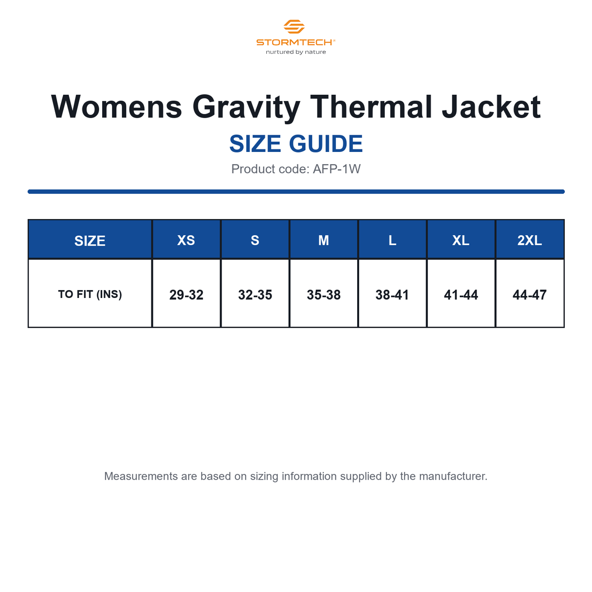 AFP-1W Stormtech Womens Gravity Thermal Jacket size guide (AFP-1W)