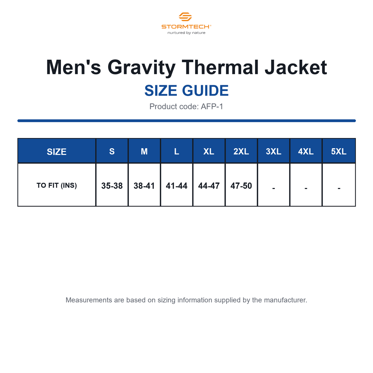 AFP-1 Stormtech Men's Gravity Thermal Jacket size guide (AFP-1)