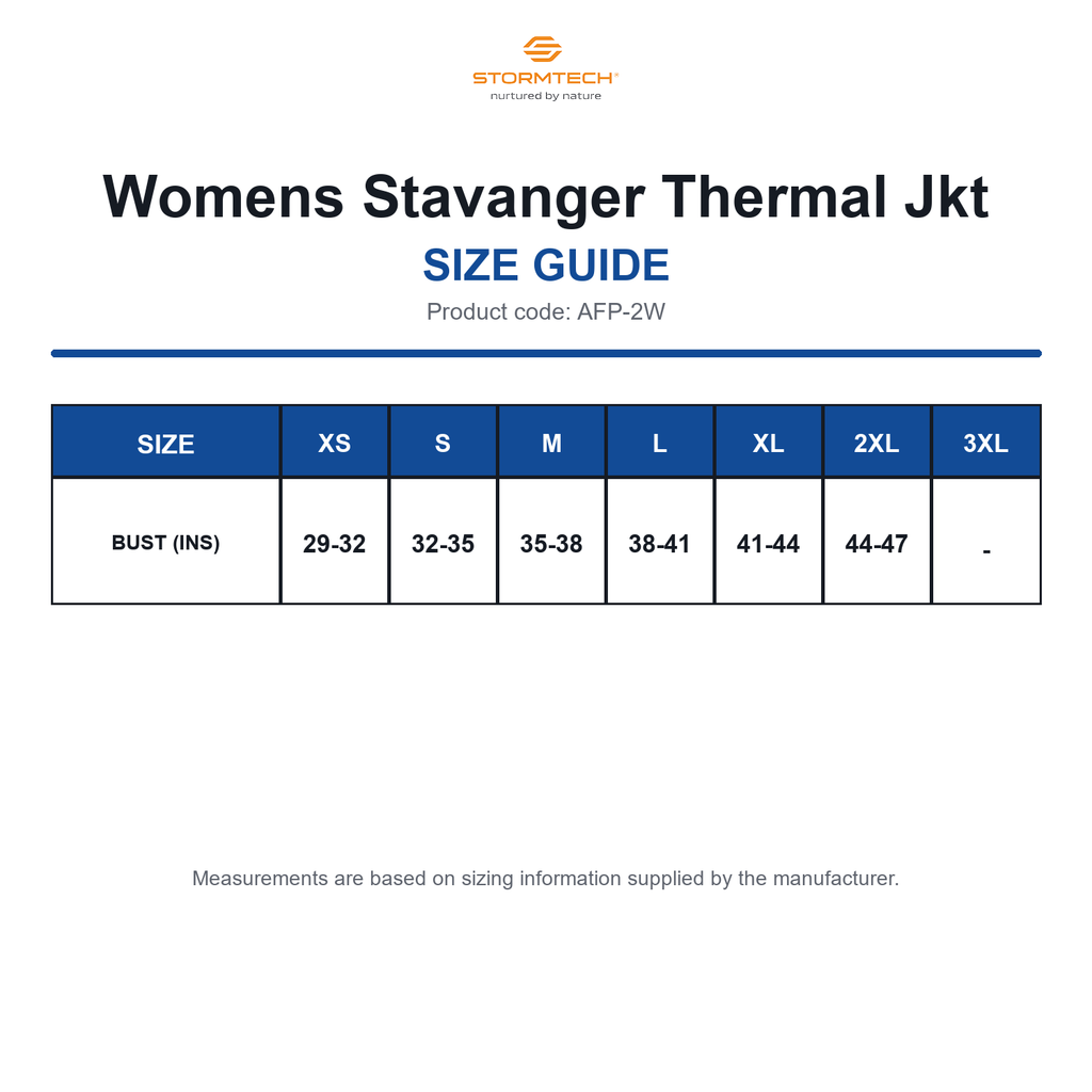 AFP-2W Stormtech Womens Stavanger Thermal Jkt size guide (AFP-2W)