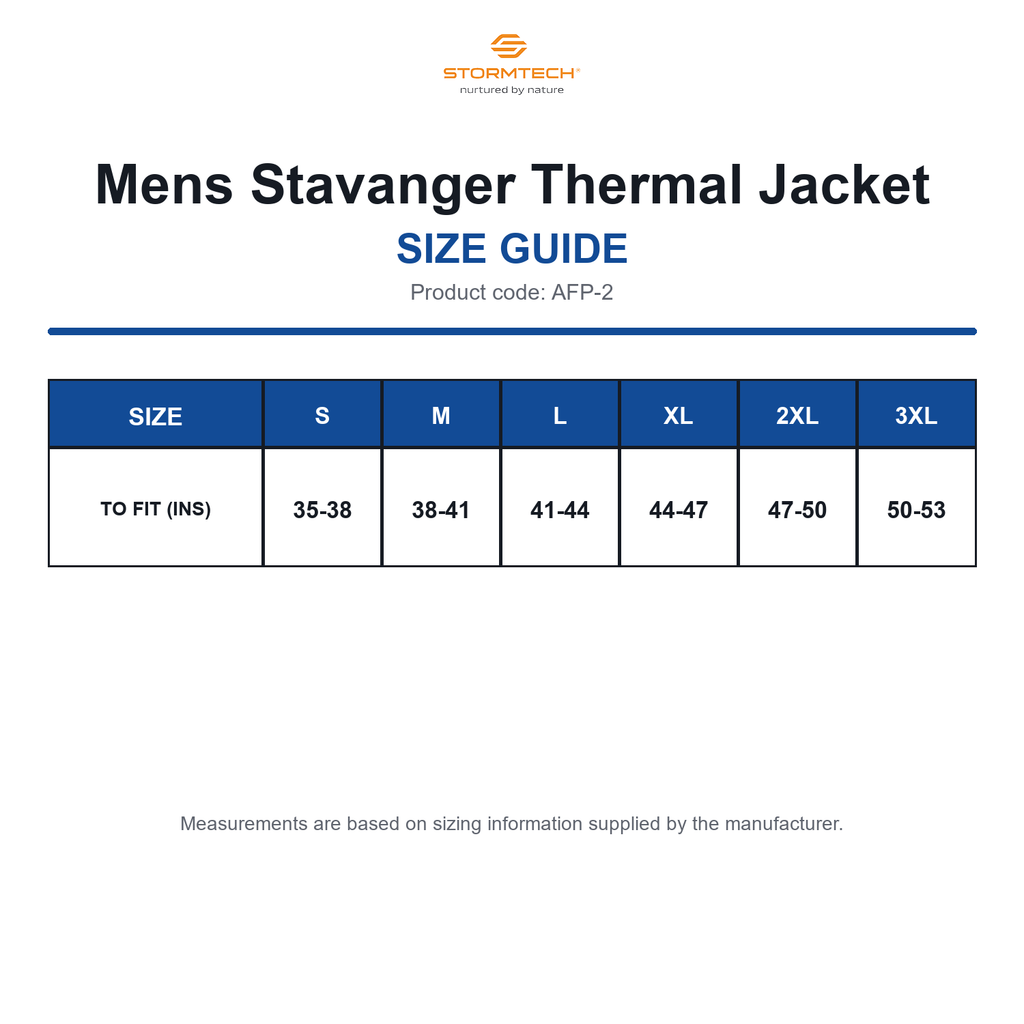 AFP-2 Stormtech Mens Stavanger Thermal Jacket size guide (AFP-2)