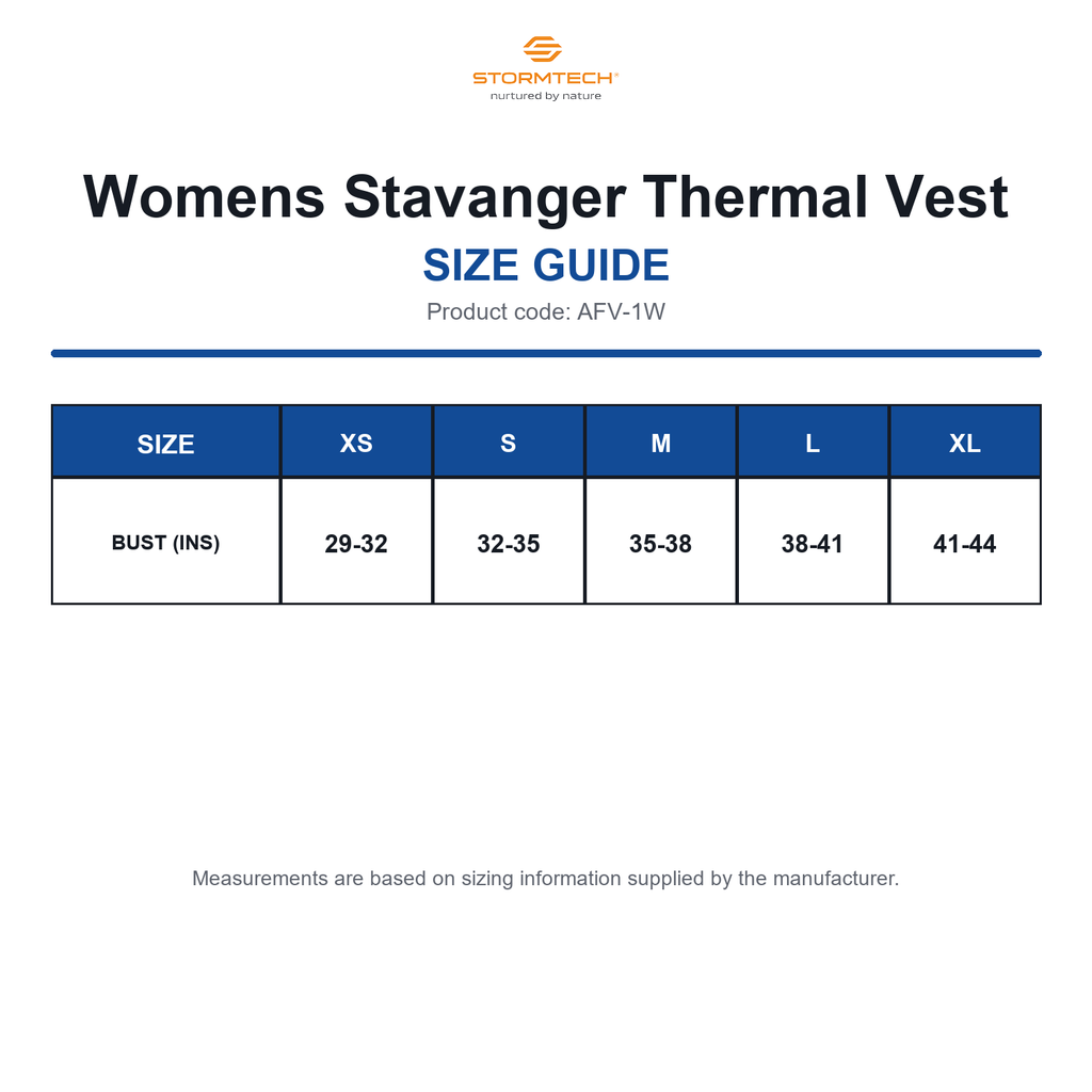 AFV-1W Stormtech Womens Stavanger Thermal Vest size guide (AFV-1W)
