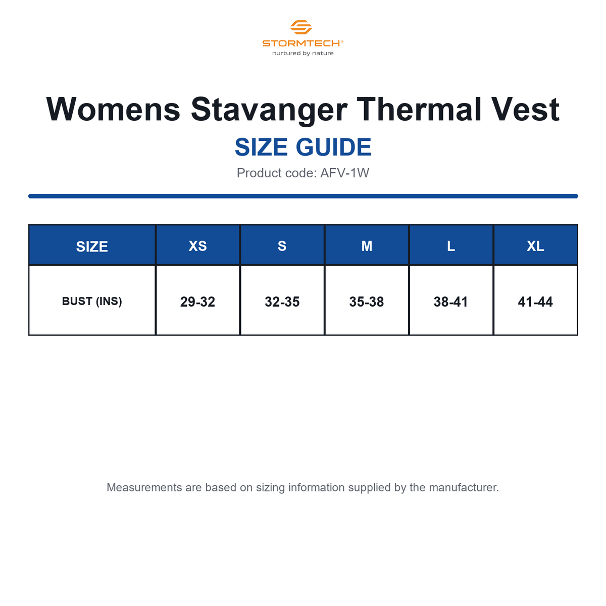AFV-1W Stormtech Womens Stavanger Thermal Vest size guide (AFV-1W)