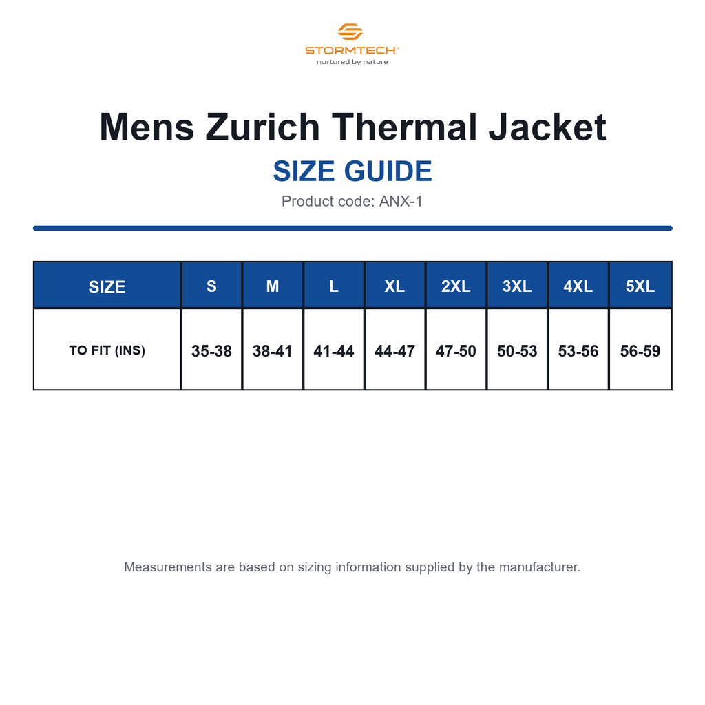 ANX-1 Stormtech Mens Zurich Thermal Jacket size guide (ANX-1)