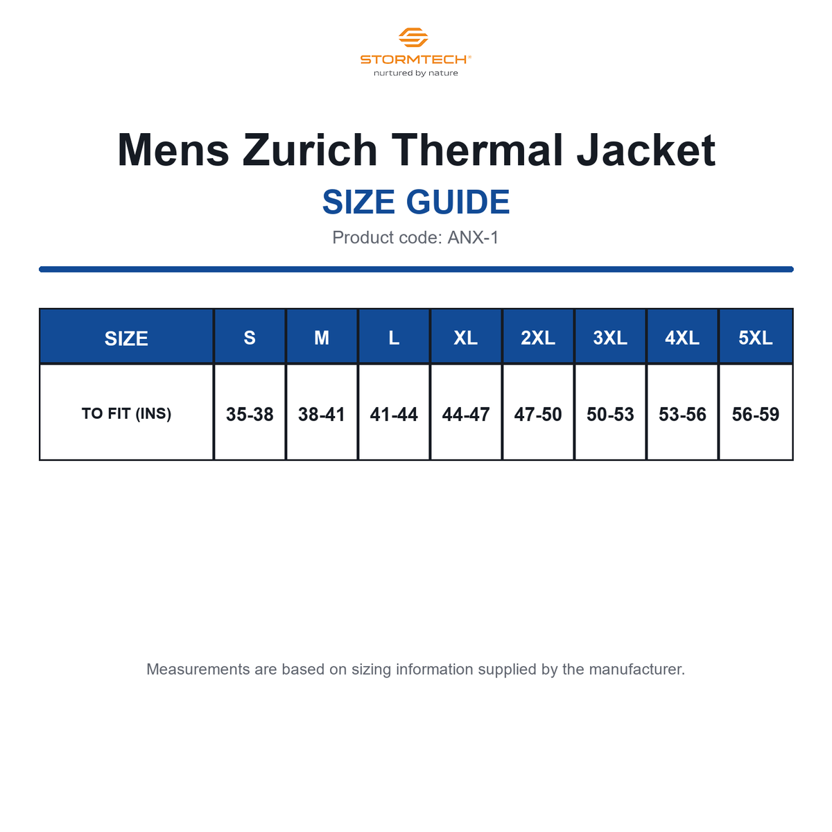 ANX-1 Stormtech Mens Zurich Thermal Jacket size guide (ANX-1)