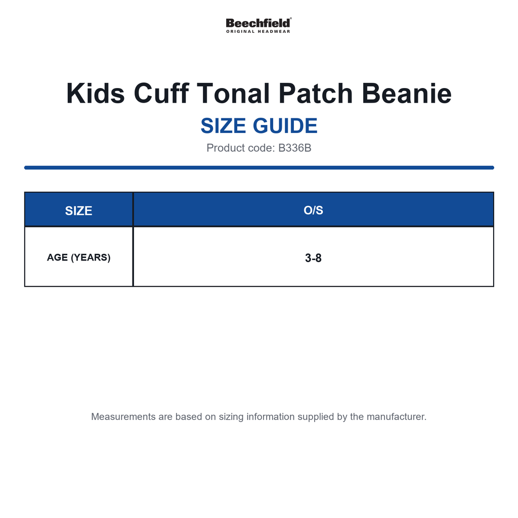 B336B Beechfield Kids Cuff Tonal Patch Beanie size guide (B336B)