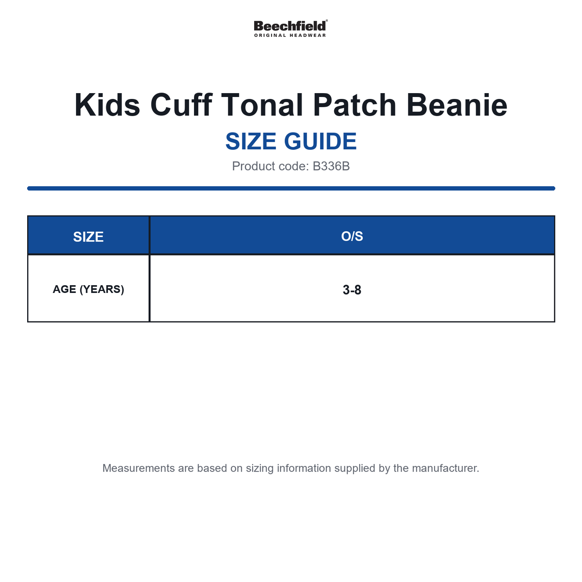 B336B Beechfield Kids Cuff Tonal Patch Beanie size guide (B336B)