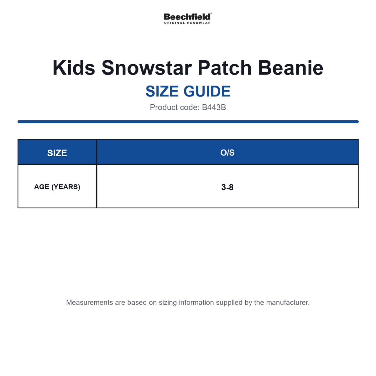 B443B Beechfield Kids Snowstar Patch Beanie size guide (B443B)