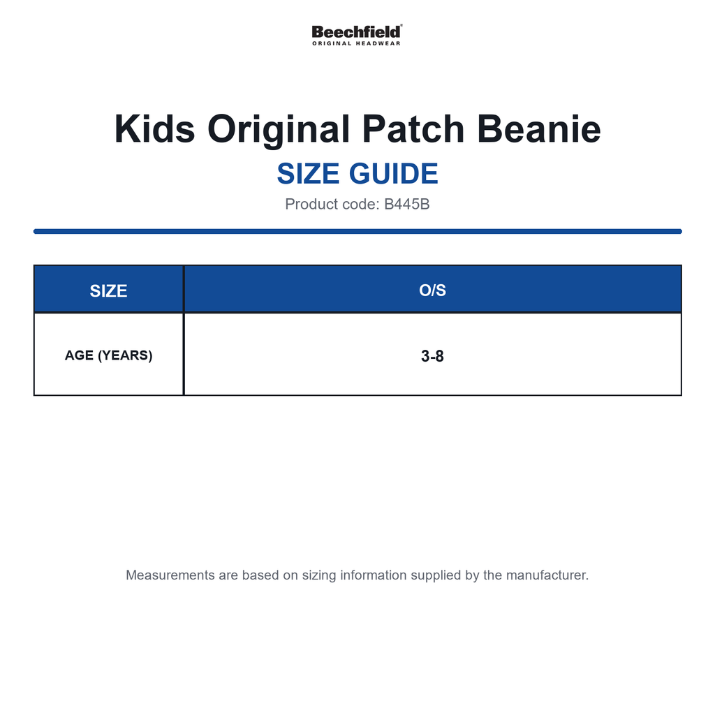 B445B Beechfield Kids Original Patch Beanie size guide (B445B)
