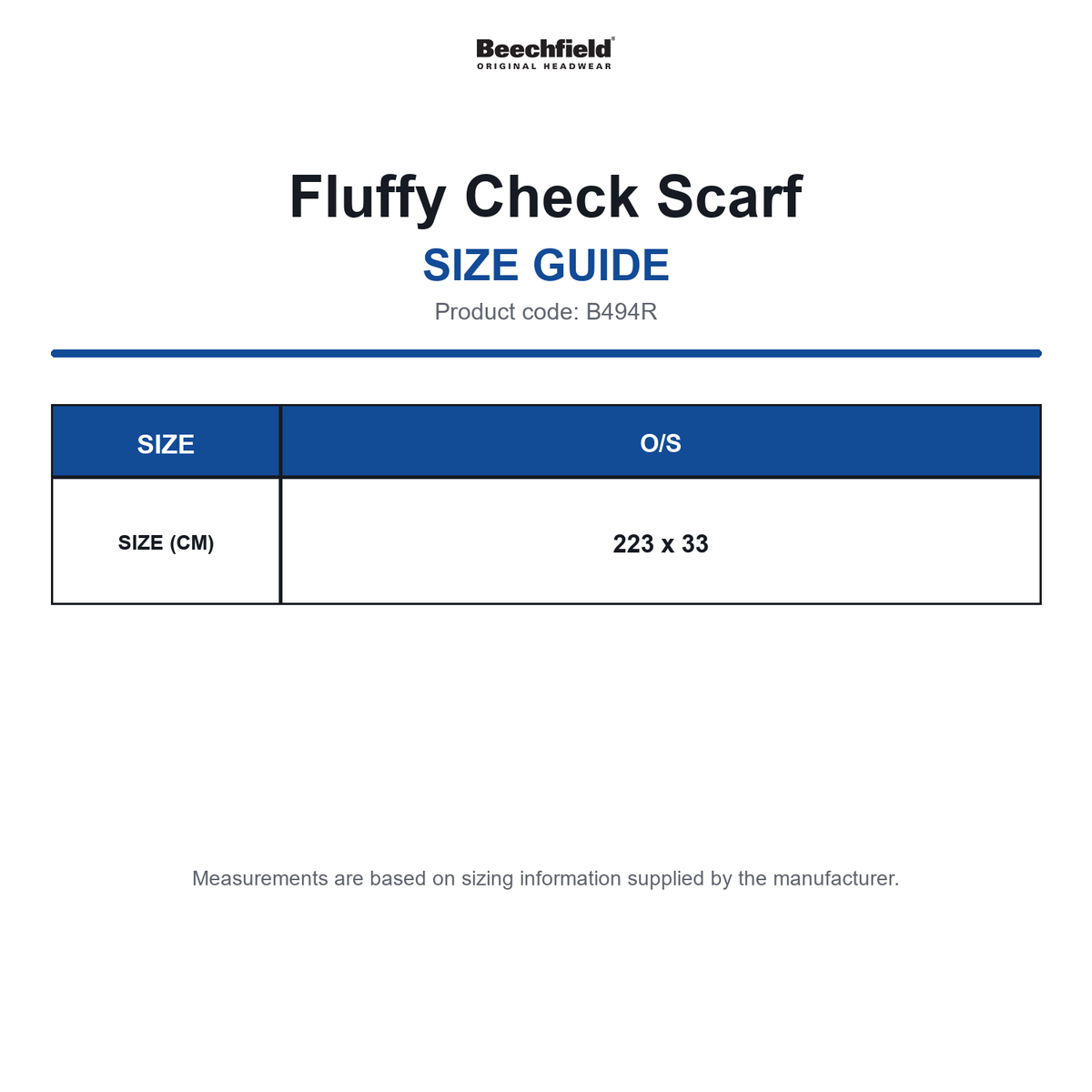 B494R Beechfield Fluffy Check Scarf size guide (B494R)