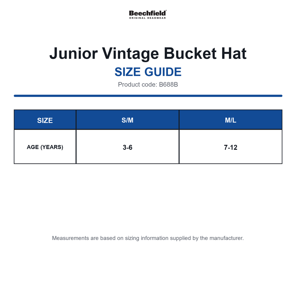 B688B Beechfield Junior Vintage Bucket Hat size guide (B688B)