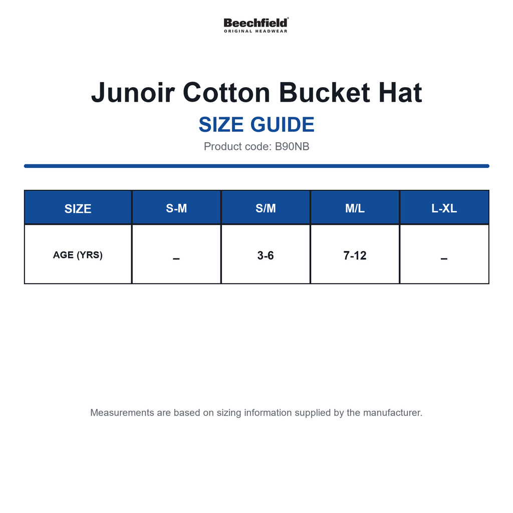 B90NB Beechfield Junoir Cotton Bucket Hat size guide (B90NB)