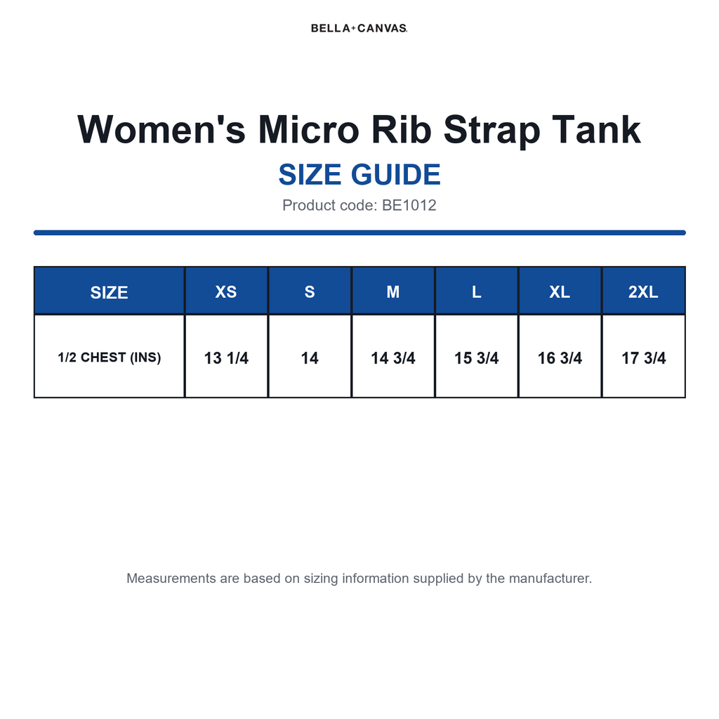 BE1012 Bella Women's Micro Rib Strap Tank size guide (BE1012)