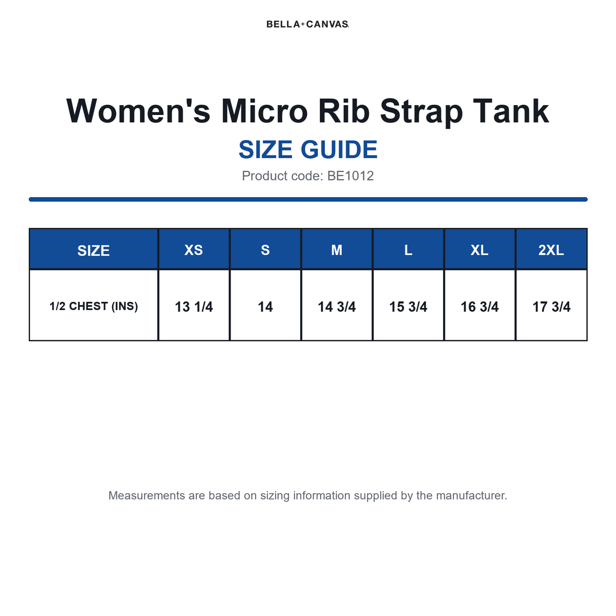 BE1012 Bella Women's Micro Rib Strap Tank size guide (BE1012)