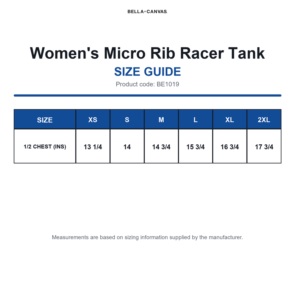 BE1019 Bella Women's Micro Rib Racer Tank size guide (BE1019)