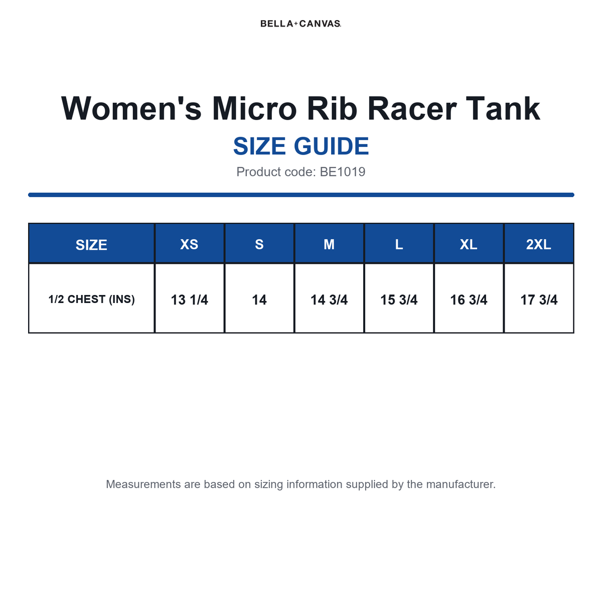 BE1019 Bella Women's Micro Rib Racer Tank size guide (BE1019)