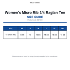 BE1200 Bella Women's Micro Rib 3/4 Raglan Tee size guide (BE1200)