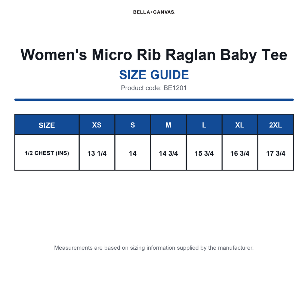 BE1201 Bella Women's Micro Rib Raglan Baby Tee size guide (BE1201)