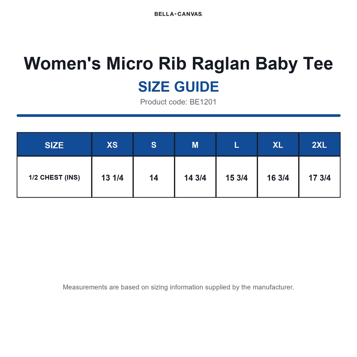 BE1201 Bella Women's Micro Rib Raglan Baby Tee size guide (BE1201)