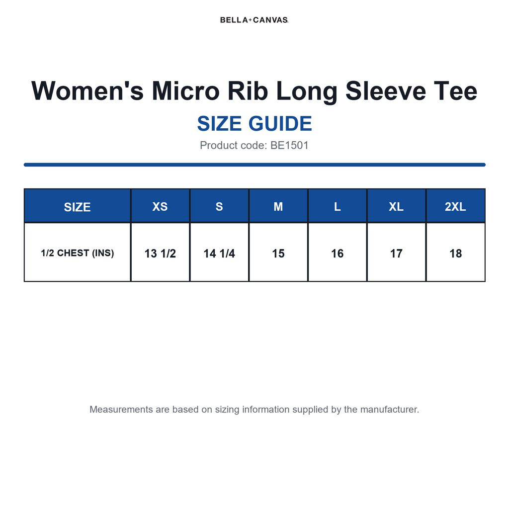 BE1501 Bella Women's Micro Rib Long Sleeve Tee size guide (BE1501)