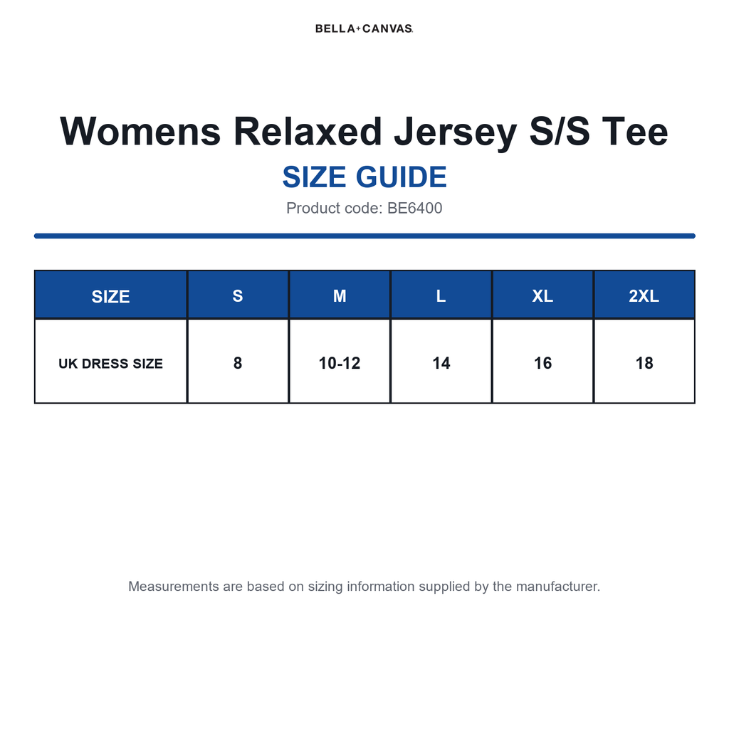 BE6400 Bella Womens Relaxed Jersey S/S Tee size guide (BE6400)