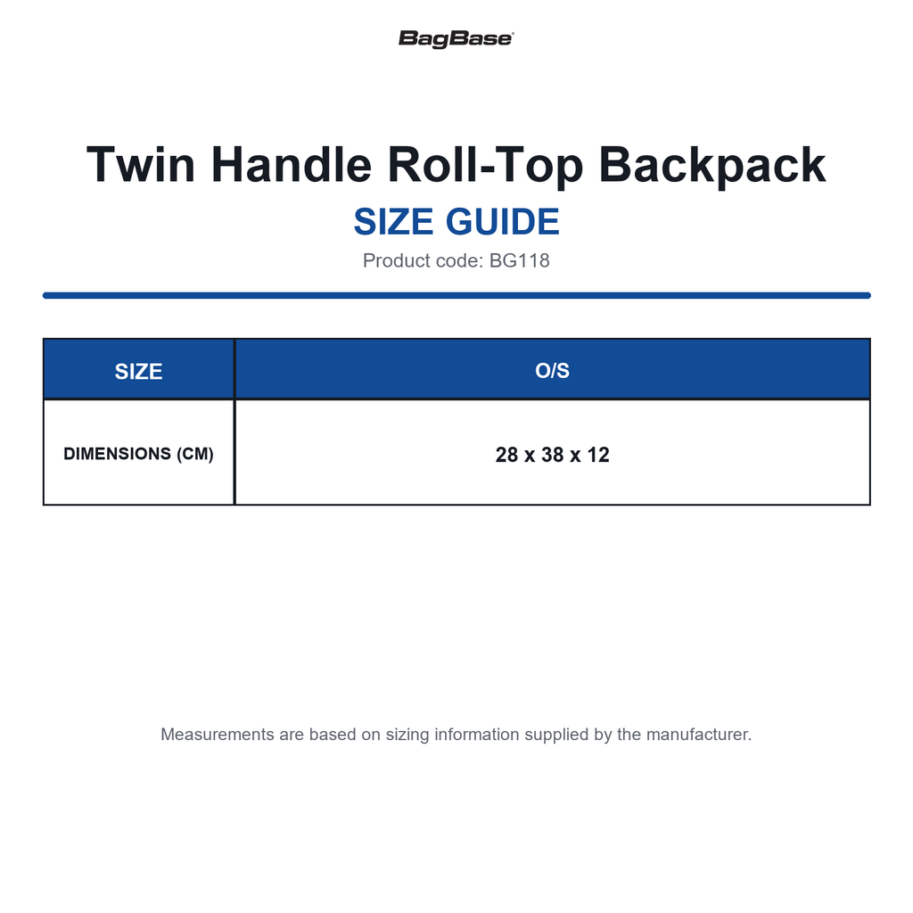 BG118 Bagbase Twin Handle Roll-Top Backpack size guide (BG118)