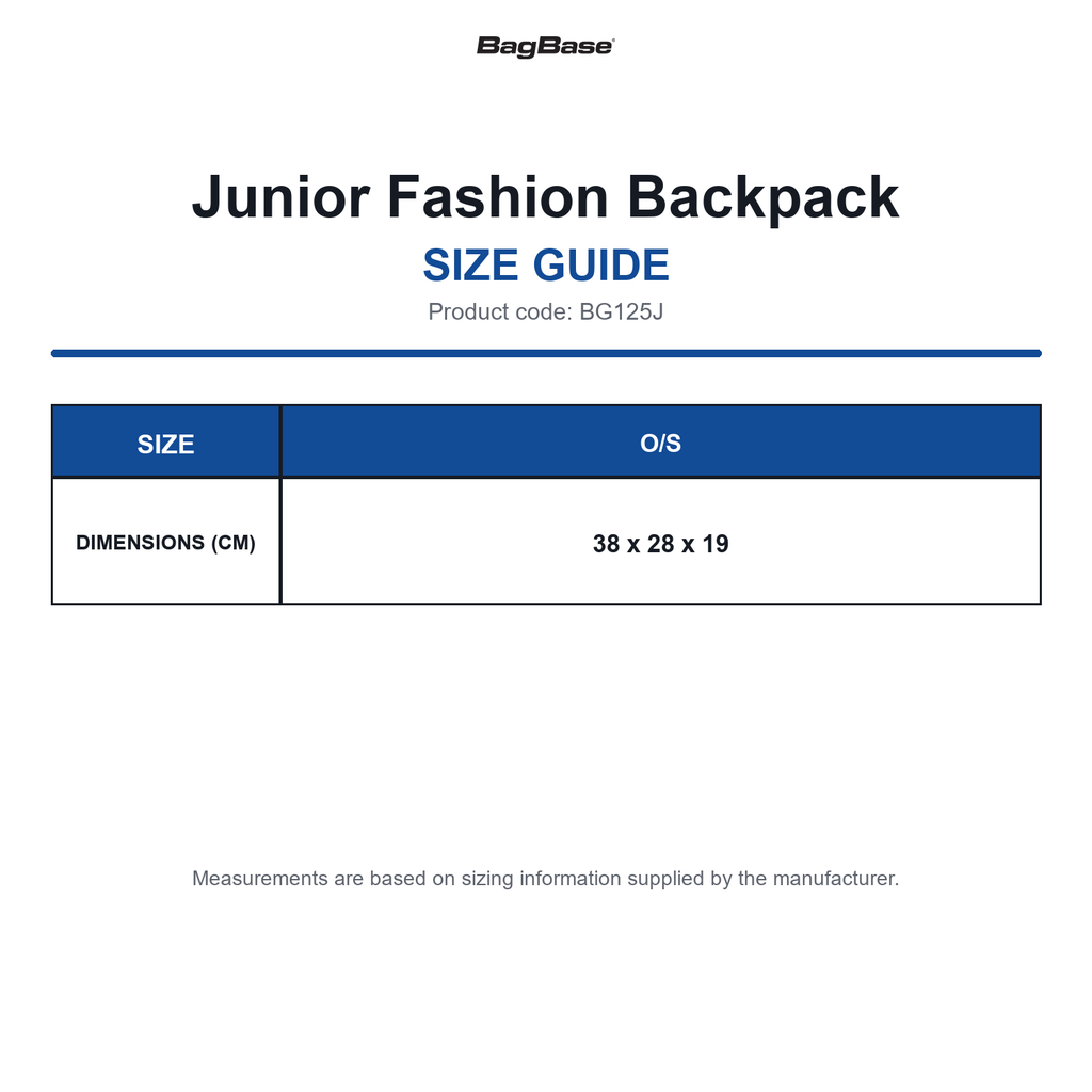 BG125J Bagbase Junior Fashion Backpack size guide (BG125J)
